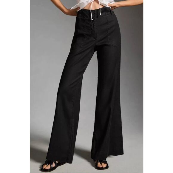 Maeve by Anthropologie Naomi Linen Blend Wide-Leg Flare Pants Black Sz 4 NWOT - Picture 1 of 16